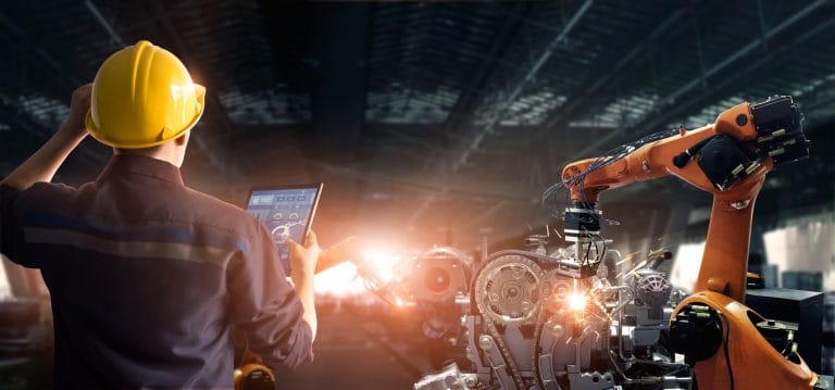 Engineer check and control welding robotics automatic arms machi