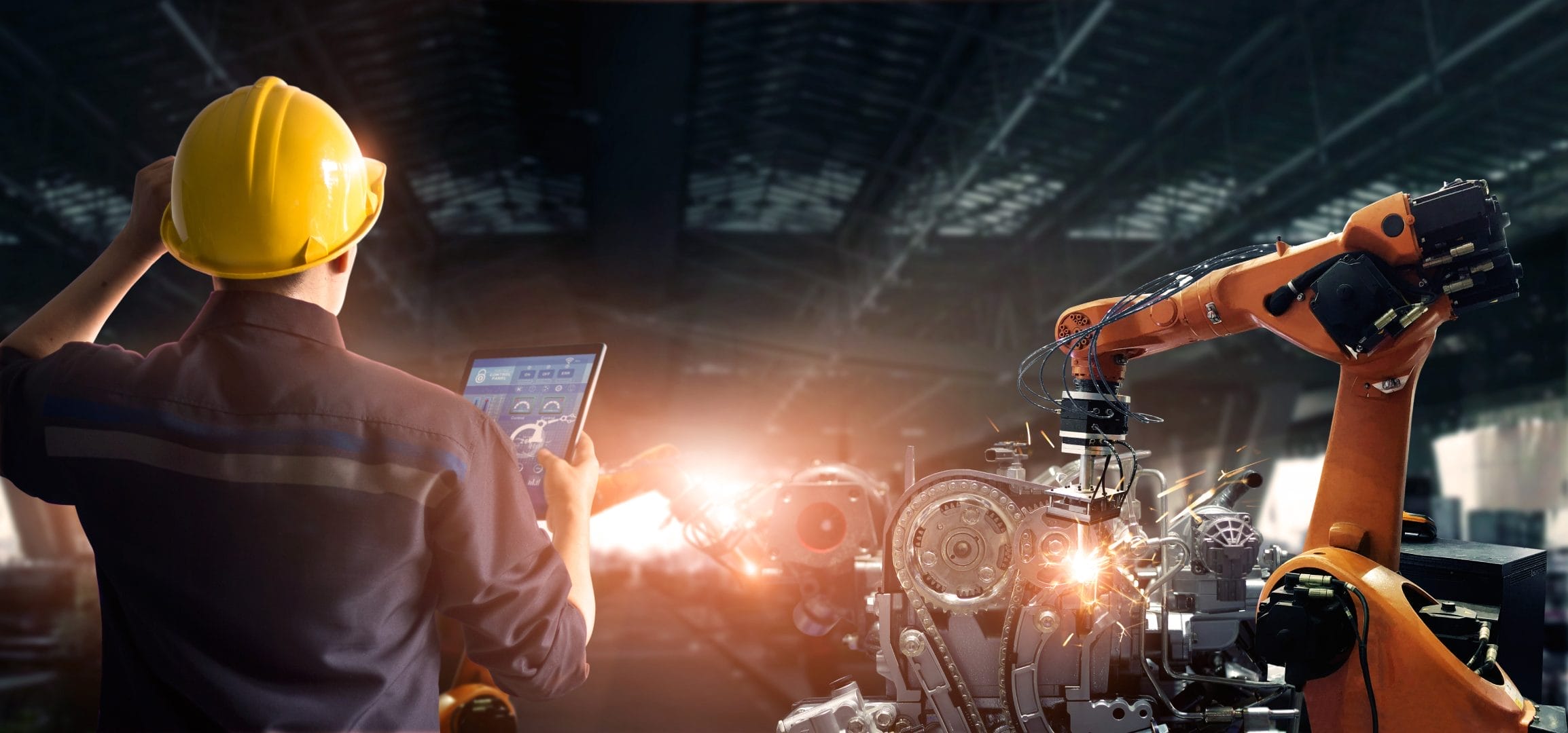 Engineer check and control welding robotics automatic arms machi